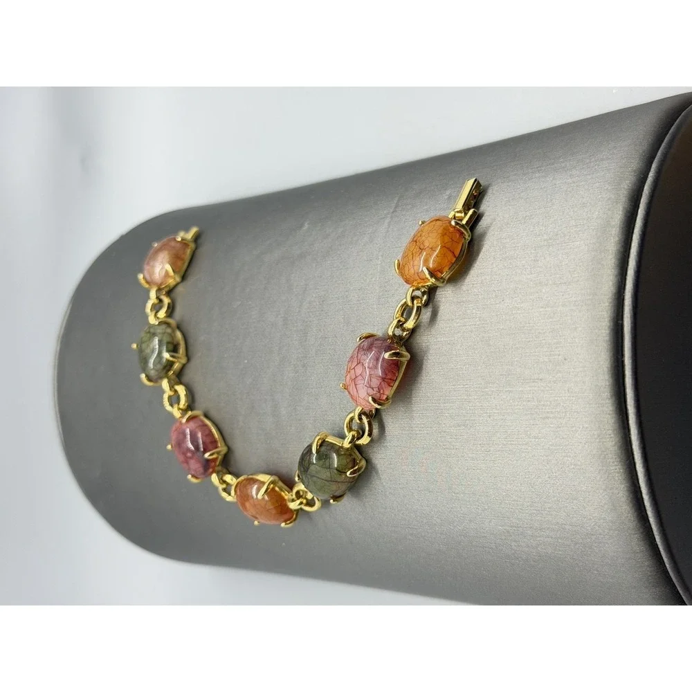 Liz Claiborne Acrylic Bracelet Gold Tone Link Multicolor Cabochon Chunky Vintage - Picture 10 of 13